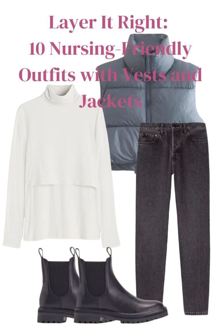 Outfit 8, Puffer Vest for Extra Warmth, flat lay. Nursing-friendly outfit from Layer It Right: 10 Nursing-Friendly Outfits with Vests and Jackets.