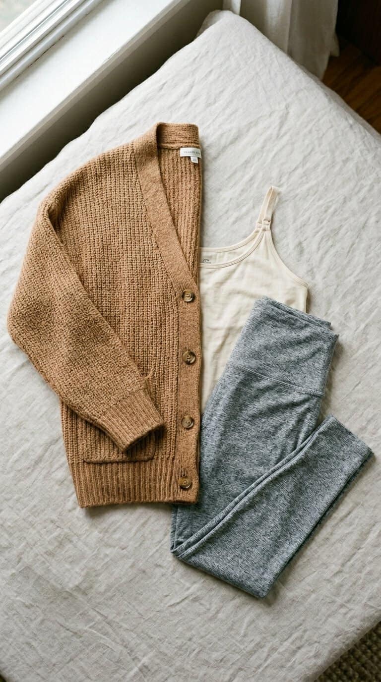 Outfit 1, The Early-Morning Feed Outfit, worn. Nursing-friendly outfit from 10 Nursing-Friendly Outfits with Soft and Cozy Leggings.