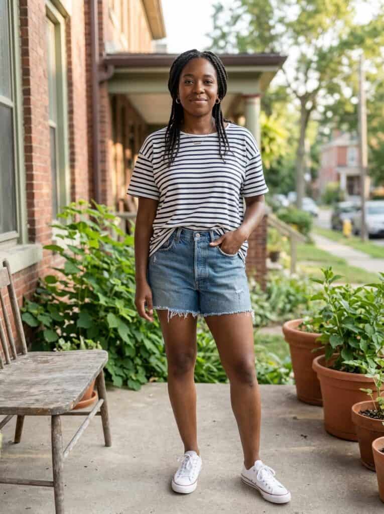 Outfit 1, With a Striped Breton Tee, Untucked, worn. Nursing-friendly outfit from 1 Pair of Denim Shorts, 10 Comfortable Nursing Outfits That Still Feel Like You.