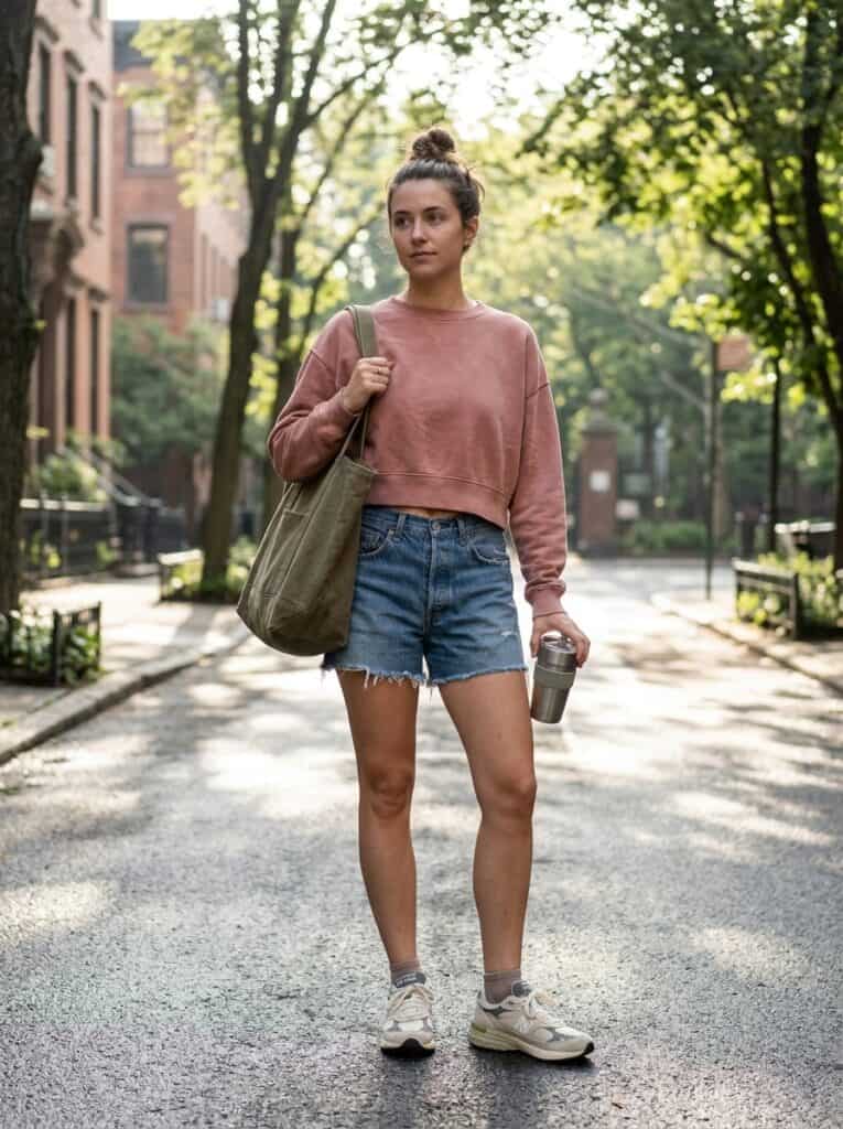 Outfit 8, With a Cropped Sweatshirt for Cool Mornings, worn. Nursing-friendly outfit from 1 Pair of Denim Shorts, 10 Comfortable Nursing Outfits That Still Feel Like You.