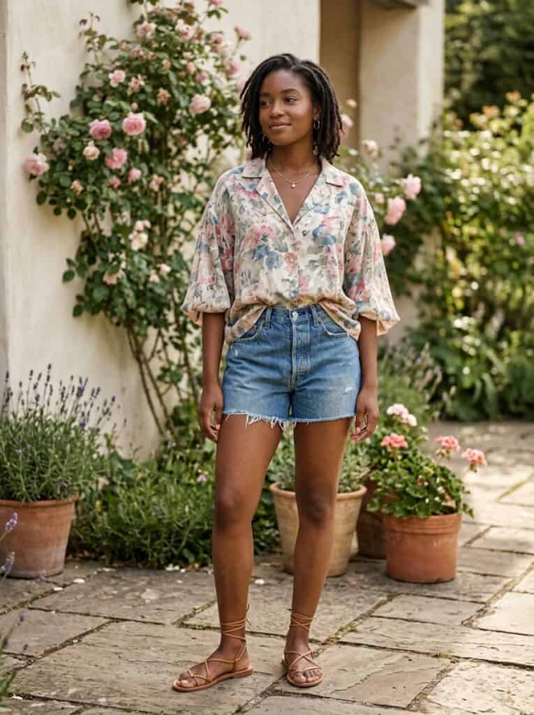 Outfit 4, With a Floral Blouse, Half-Tucked, worn. Nursing-friendly outfit from 1 Pair of Denim Shorts, 10 Comfortable Nursing Outfits That Still Feel Like You.