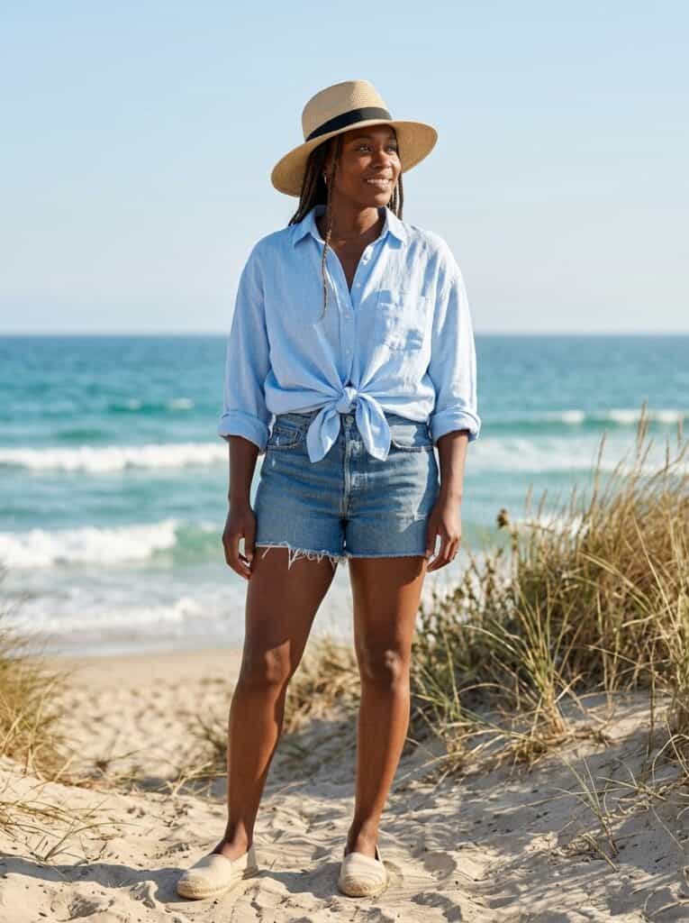 Outfit 2, With an Oversized Linen Shirt, Knotted, worn. Nursing-friendly outfit from 1 Pair of Denim Shorts, 10 Comfortable Nursing Outfits That Still Feel Like You.