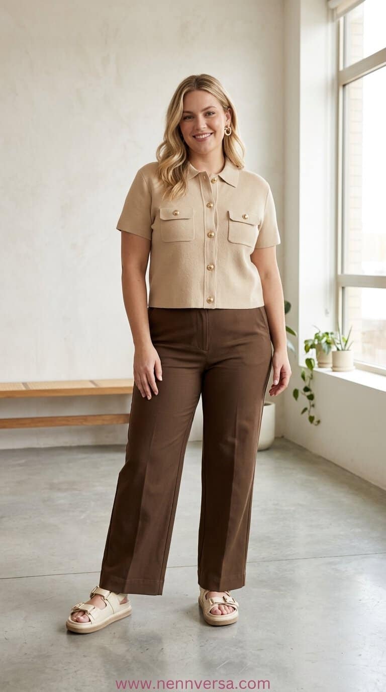 Tan knit and brown trousers, easy everyday fall outfit
