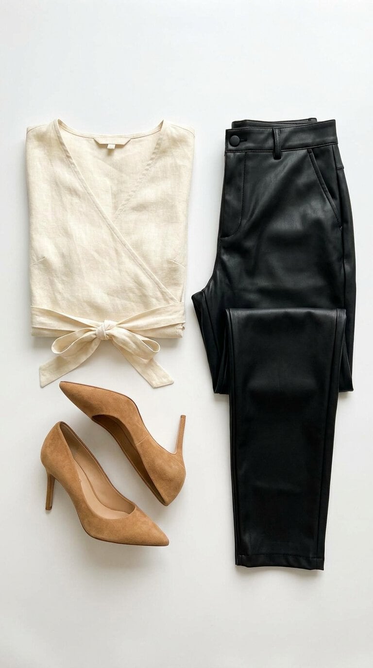 Cream wrap blouse and black pants flat lay for nursing moms