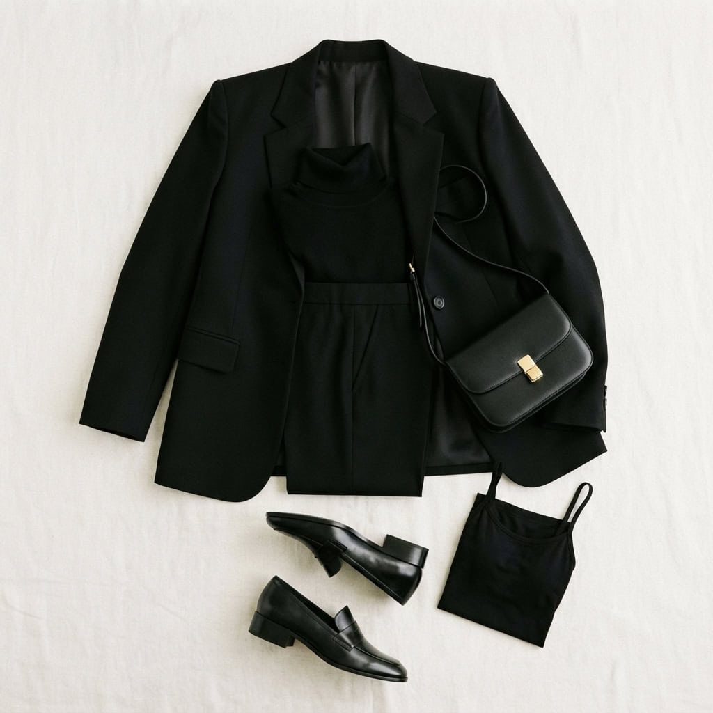 Outfit 8, black turtleneck, black trouser and blazer, flat lay. Nursing-friendly outfit from 2 Black Pieces, 8 Nursing-Friendly Ways to Wear Them.