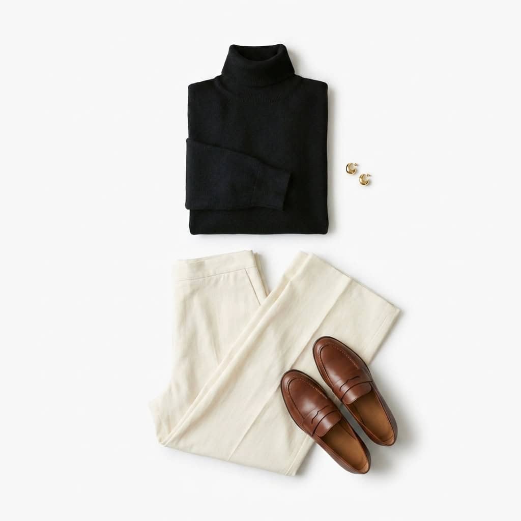 Outfit 3, black turtleneck and cream trouser, flat lay. Nursing-friendly outfit from 2 Black Pieces, 8 Nursing-Friendly Ways to Wear Them.