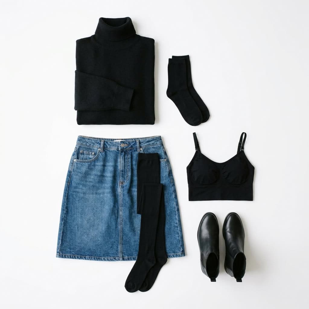 Outfit 2, black turtleneck, denim skirt and tight, flat lay. Nursing-friendly outfit from 2 Black Pieces, 8 Nursing-Friendly Ways to Wear Them.