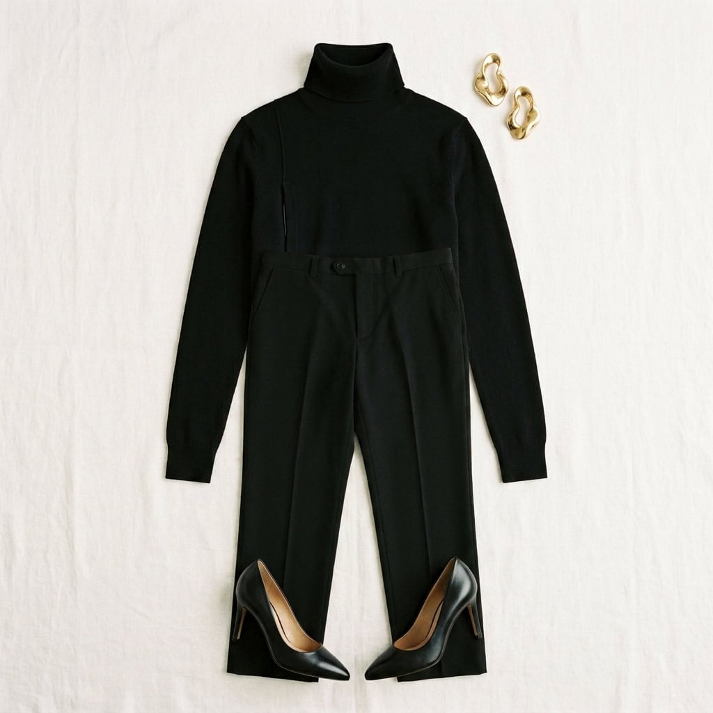 Outfit 7, black turtleneck, black trouser and heel, flat lay. Nursing-friendly outfit from 2 Black Pieces, 8 Nursing-Friendly Ways to Wear Them.