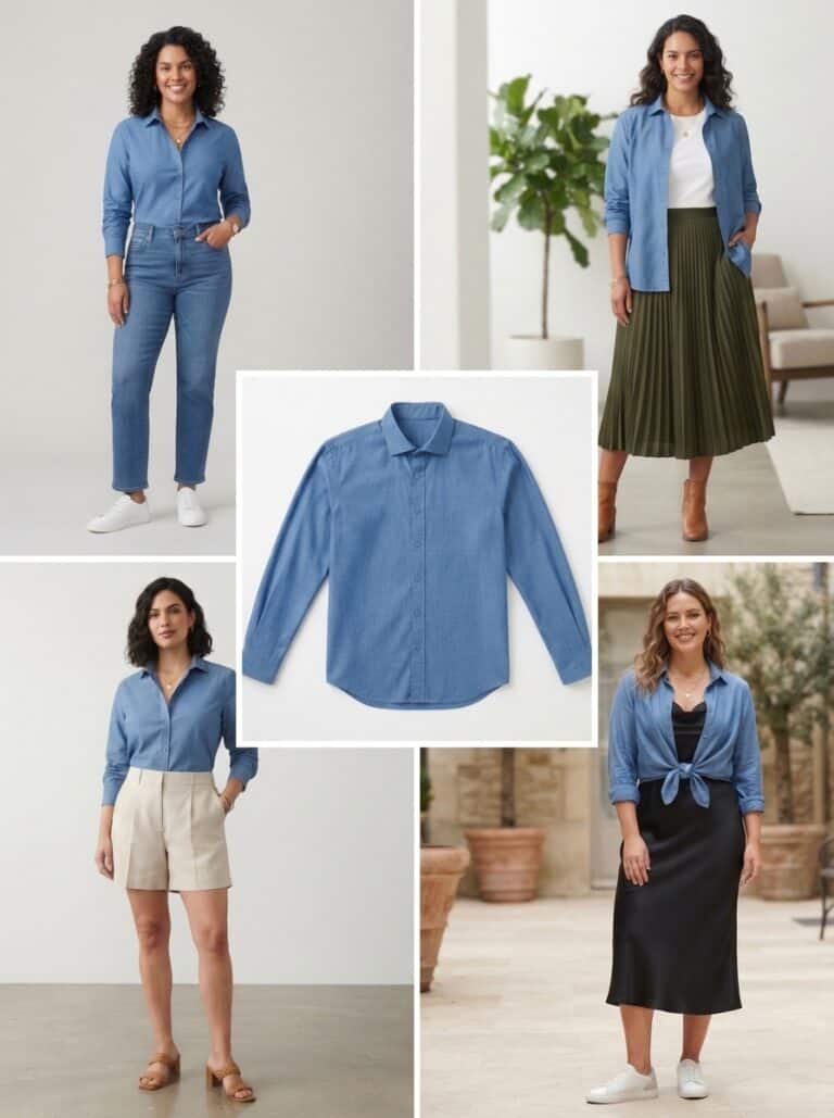 1 Chambray Shirt, 7 Nursing-Friendly Outfits: the outfits in this post, nursing-friendly and postpartum-friendly.