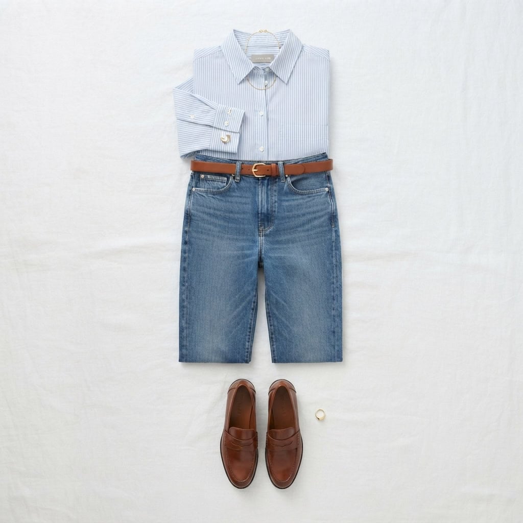 Outfit 2, jean, button-down and loafer, flat lay. Nursing-friendly outfit from 2 High-Rise Bottoms, 8 Nursing-Friendly Outfit Ideas.
