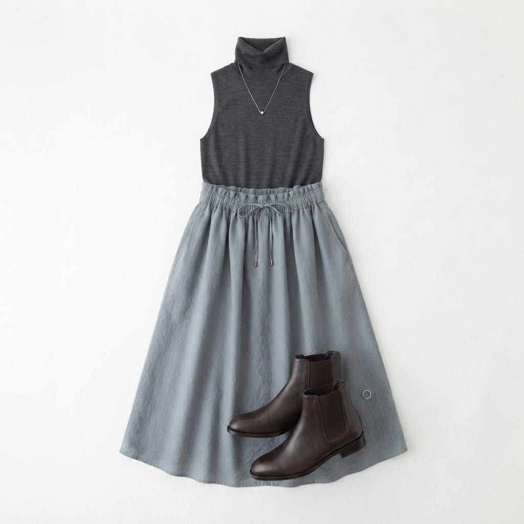 Outfit 6, midi, fine turtleneck (cami) and boot, flat lay. Nursing-friendly outfit from 2 High-Rise Bottoms, 8 Nursing-Friendly Outfit Ideas.