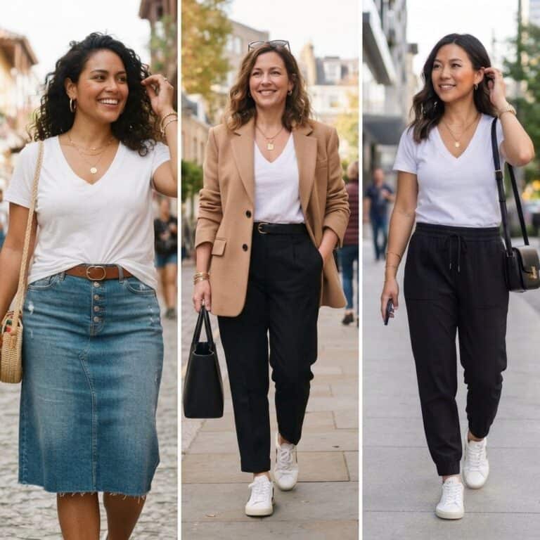 9 Easy Nursing-Friendly Outfits Using a Classic White Tee: the outfits in this post, nursing-friendly and postpartum-friendly.