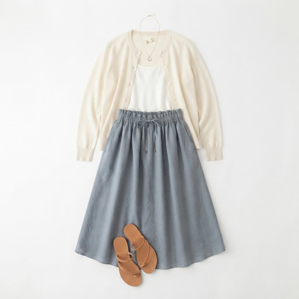 Outfit 8, midi, cream cardigan and tank, flat lay. Nursing-friendly outfit from 2 High-Rise Bottoms, 8 Nursing-Friendly Outfit Ideas.
