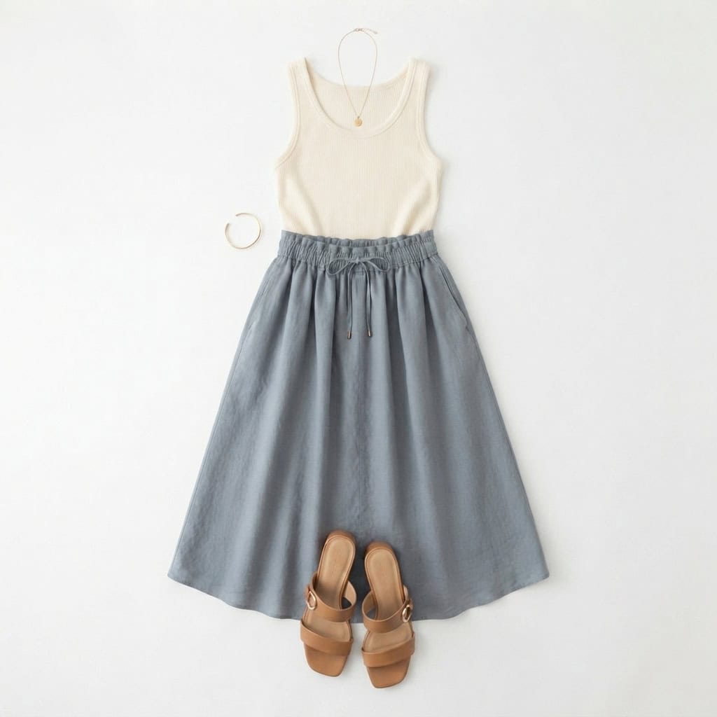 Outfit 4, midi, tucked tank and slide, flat lay. Nursing-friendly outfit from 2 High-Rise Bottoms, 8 Nursing-Friendly Outfit Ideas.