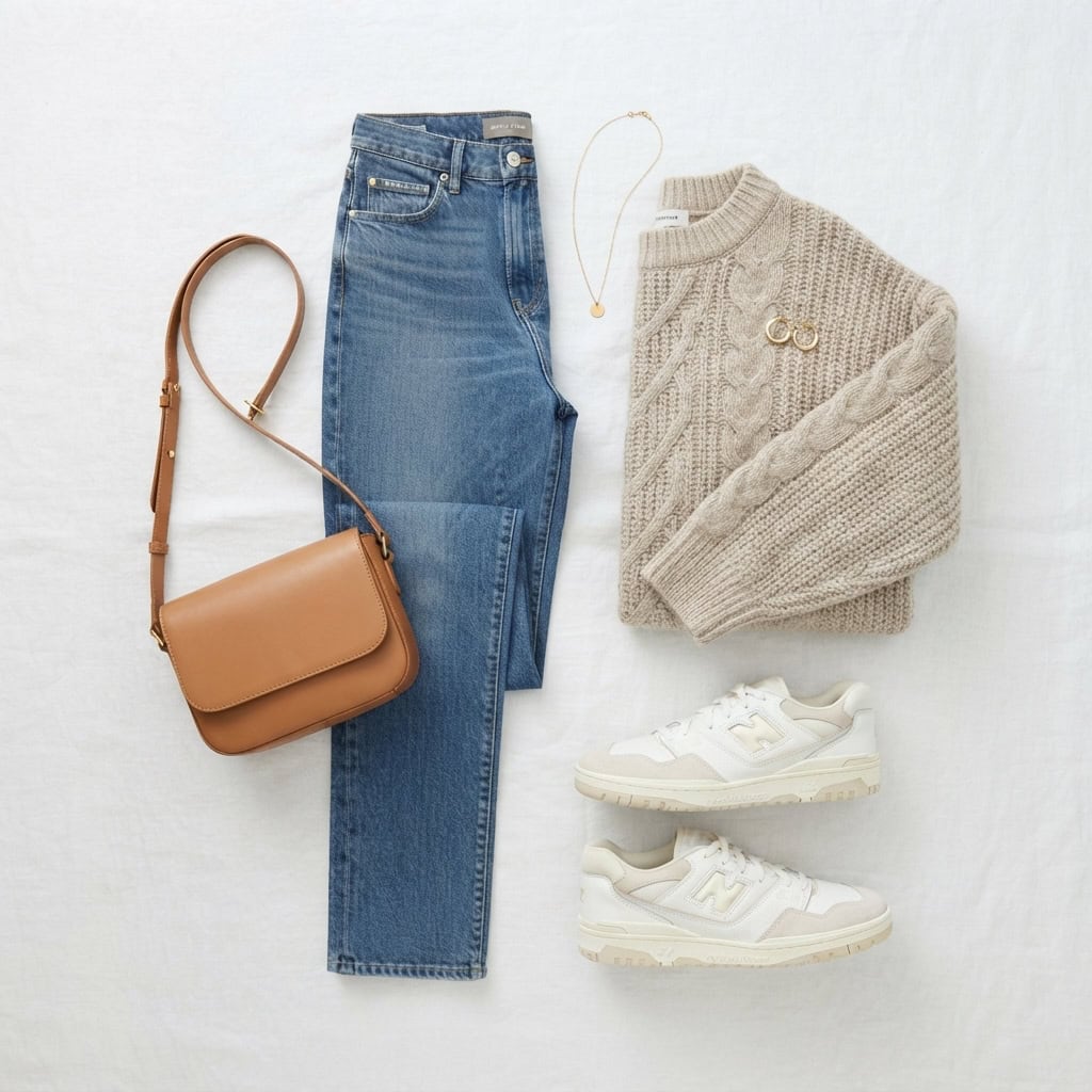 Outfit 3, jean, chunky knit and sneaker, flat lay. Nursing-friendly outfit from 2 High-Rise Bottoms, 8 Nursing-Friendly Outfit Ideas.
