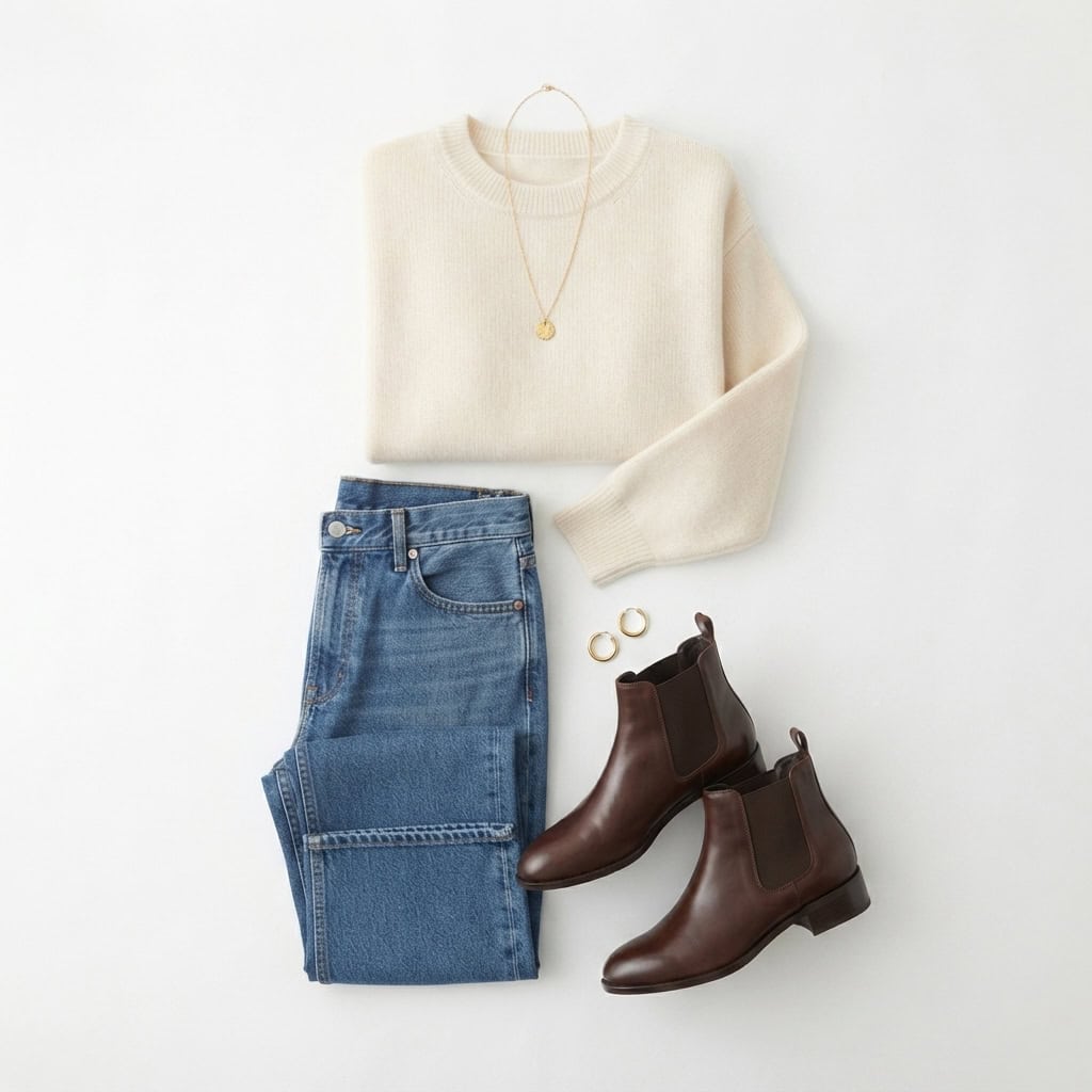 Outfit 7, jean, cream sweater and boot, flat lay. Nursing-friendly outfit from 2 High-Rise Bottoms, 8 Nursing-Friendly Outfit Ideas.