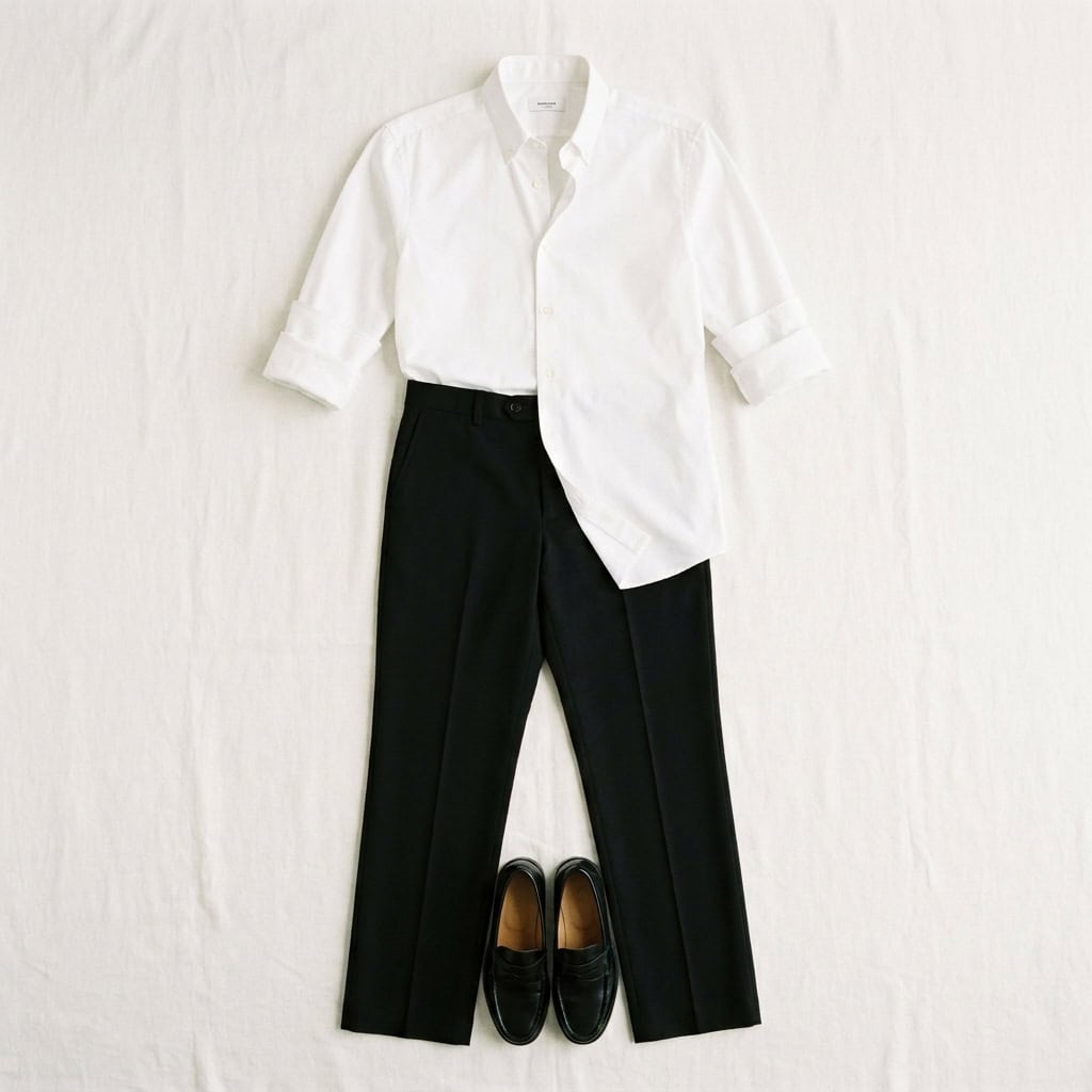 Outfit 5, black trouser, white button-down and loafer, flat lay. Nursing-friendly outfit from 2 Black Pieces, 8 Nursing-Friendly Ways to Wear Them.