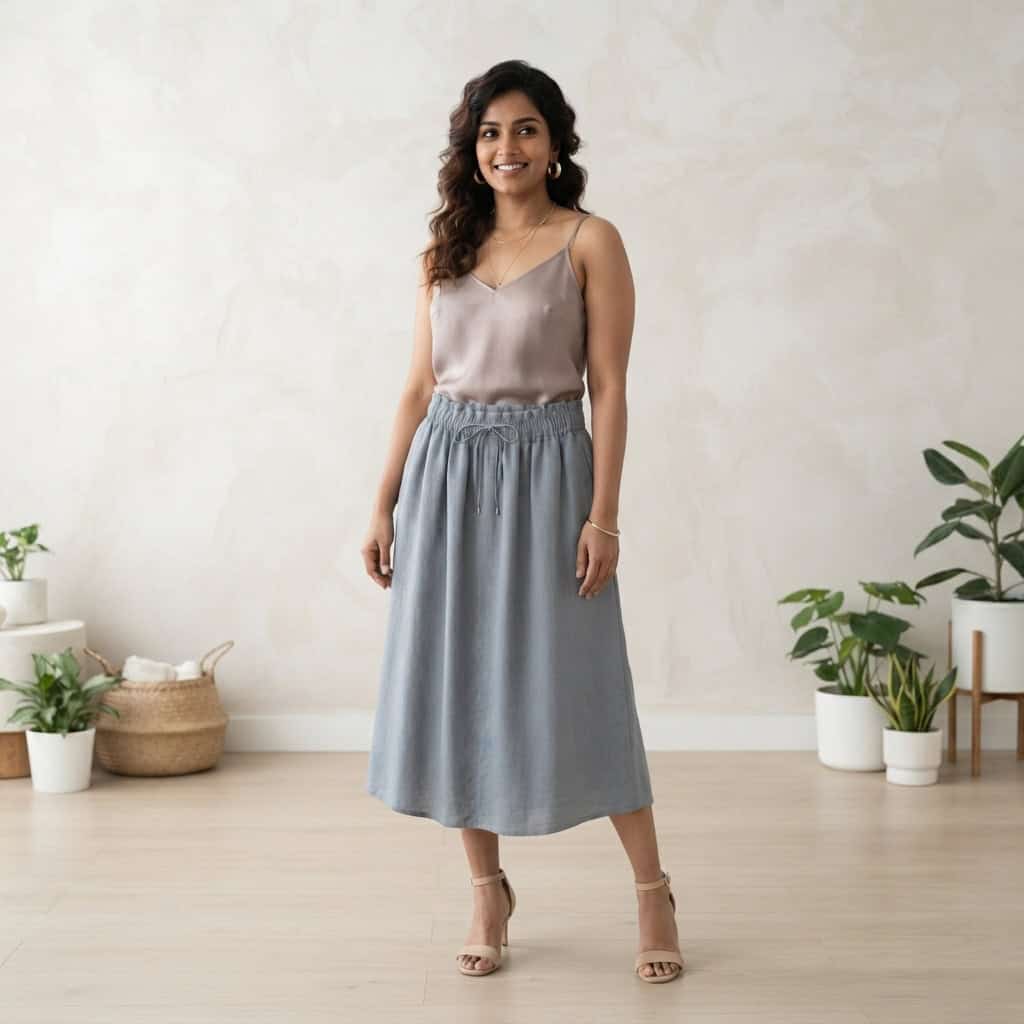 Outfit 5, midi, silk cami and heel, worn. Nursing-friendly outfit from 2 High-Rise Bottoms, 8 Nursing-Friendly Outfit Ideas.