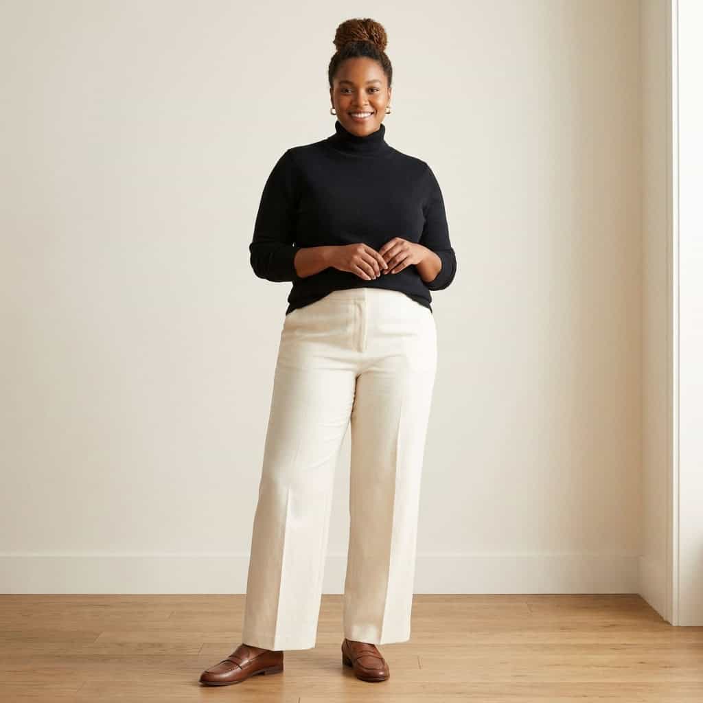 Outfit 3, black turtleneck and cream trouser, worn. Nursing-friendly outfit from 2 Black Pieces, 8 Nursing-Friendly Ways to Wear Them.