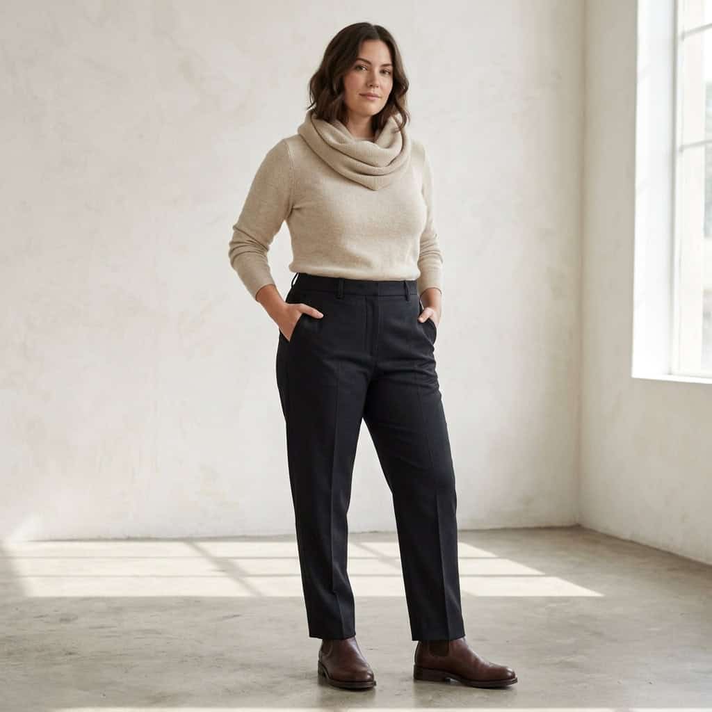 Outfit 6, black trouser, fine sweater and boot, worn. Nursing-friendly outfit from 2 Black Pieces, 8 Nursing-Friendly Ways to Wear Them.