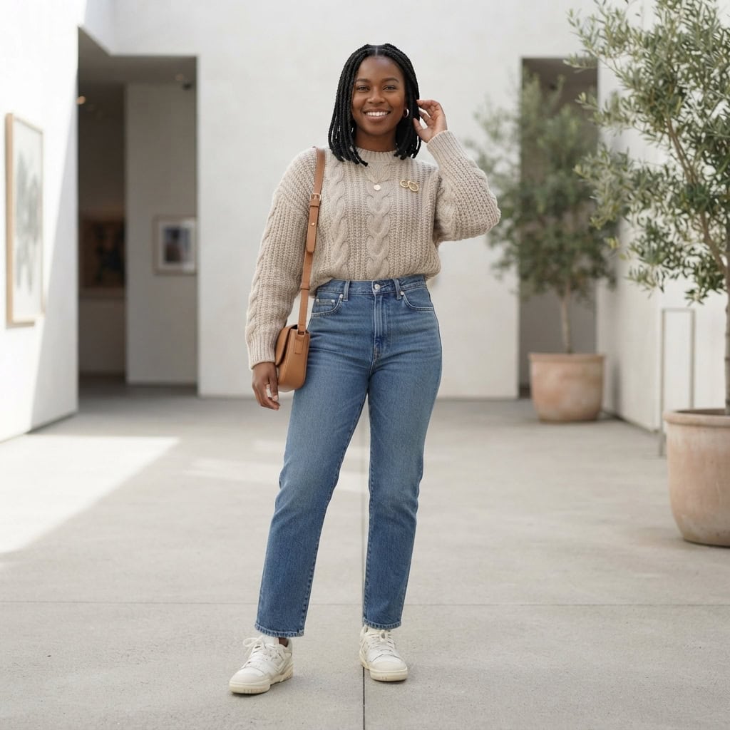 Outfit 3, jean, chunky knit and sneaker, worn. Nursing-friendly outfit from 2 High-Rise Bottoms, 8 Nursing-Friendly Outfit Ideas.