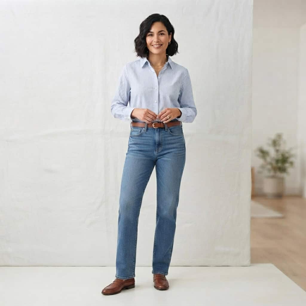 Outfit 2, jean, button-down and loafer, worn. Nursing-friendly outfit from 2 High-Rise Bottoms, 8 Nursing-Friendly Outfit Ideas.