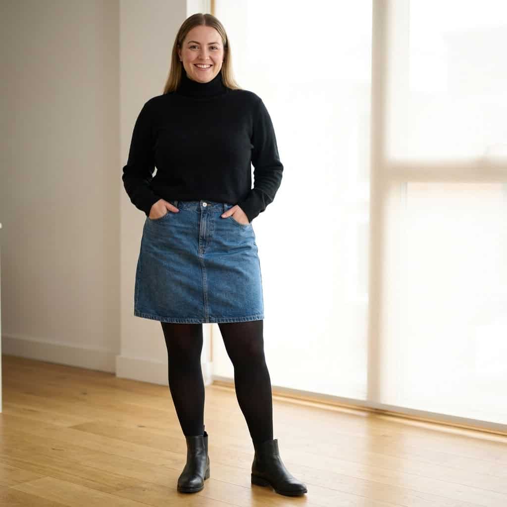 Outfit 2, black turtleneck, denim skirt and tight, worn. Nursing-friendly outfit from 2 Black Pieces, 8 Nursing-Friendly Ways to Wear Them.