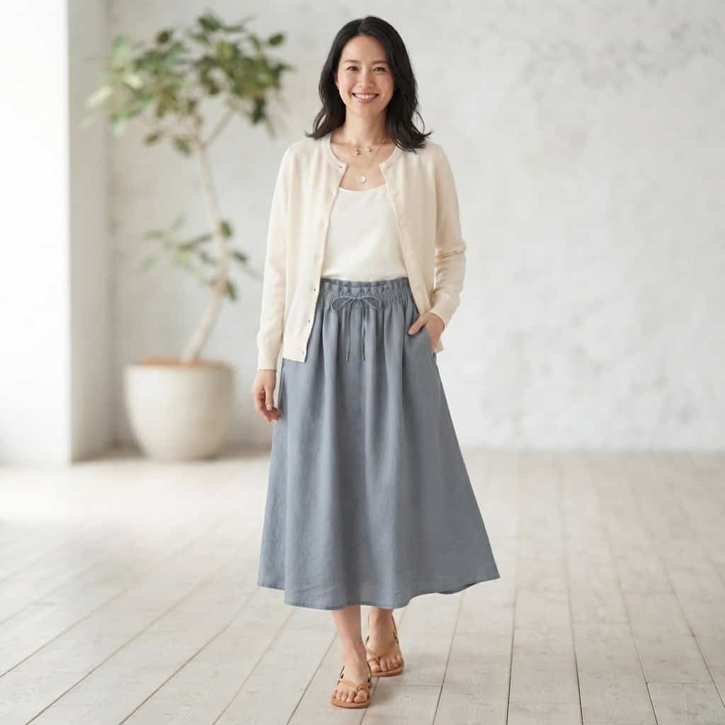 Outfit 8, midi, cream cardigan and tank, worn. Nursing-friendly outfit from 2 High-Rise Bottoms, 8 Nursing-Friendly Outfit Ideas.