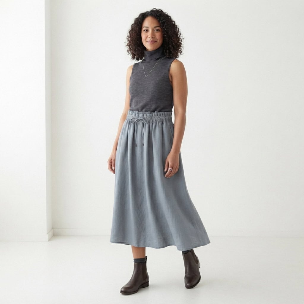 Outfit 6, midi, fine turtleneck (cami) and boot, worn. Nursing-friendly outfit from 2 High-Rise Bottoms, 8 Nursing-Friendly Outfit Ideas.