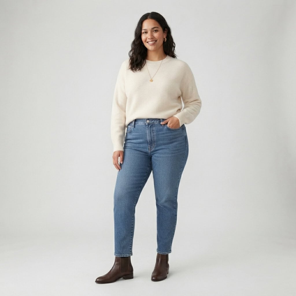 Outfit 7, jean, cream sweater and boot, worn. Nursing-friendly outfit from 2 High-Rise Bottoms, 8 Nursing-Friendly Outfit Ideas.