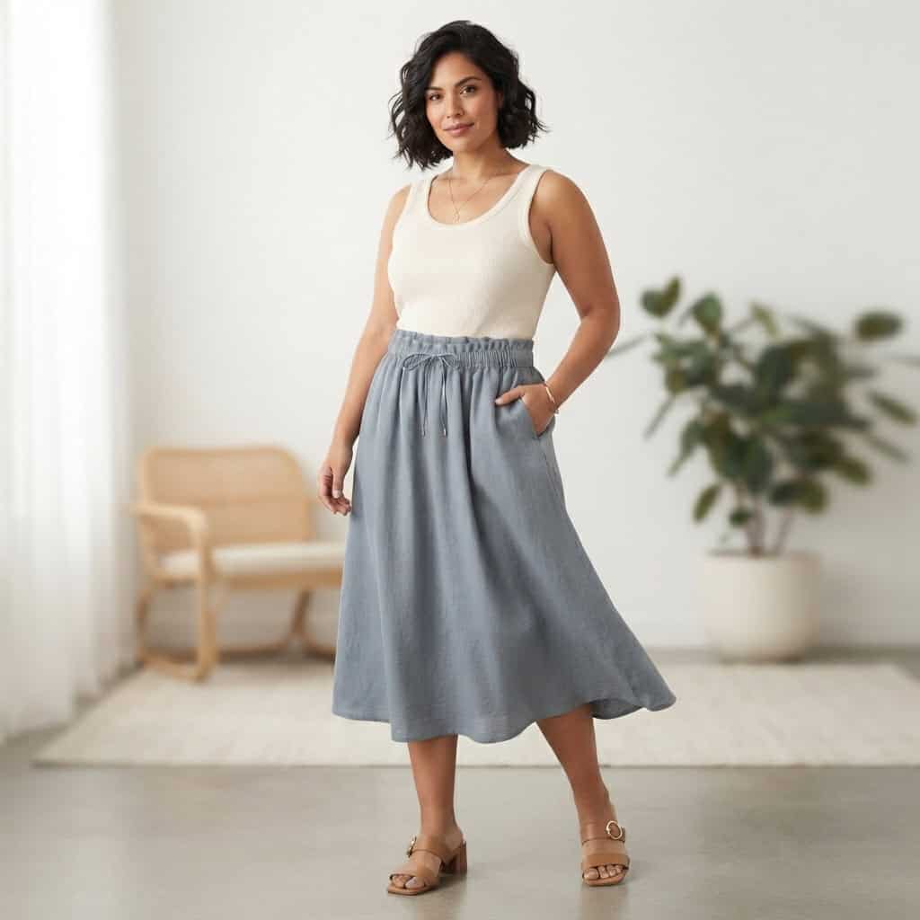 Outfit 4, midi, tucked tank and slide, worn. Nursing-friendly outfit from 2 High-Rise Bottoms, 8 Nursing-Friendly Outfit Ideas.
