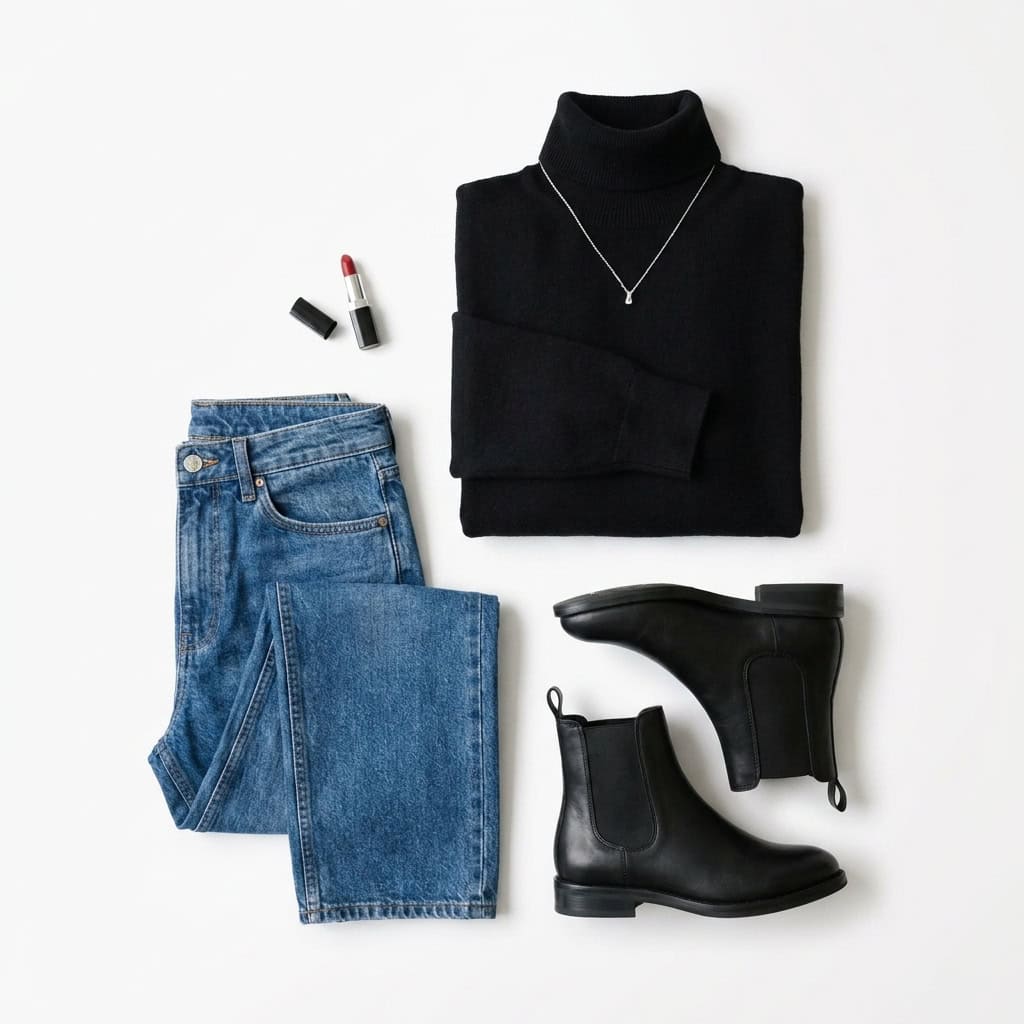 Outfit 1, black turtleneck, jean and boot, flat lay. Nursing-friendly outfit from 2 Black Pieces, 8 Nursing-Friendly Ways to Wear Them.