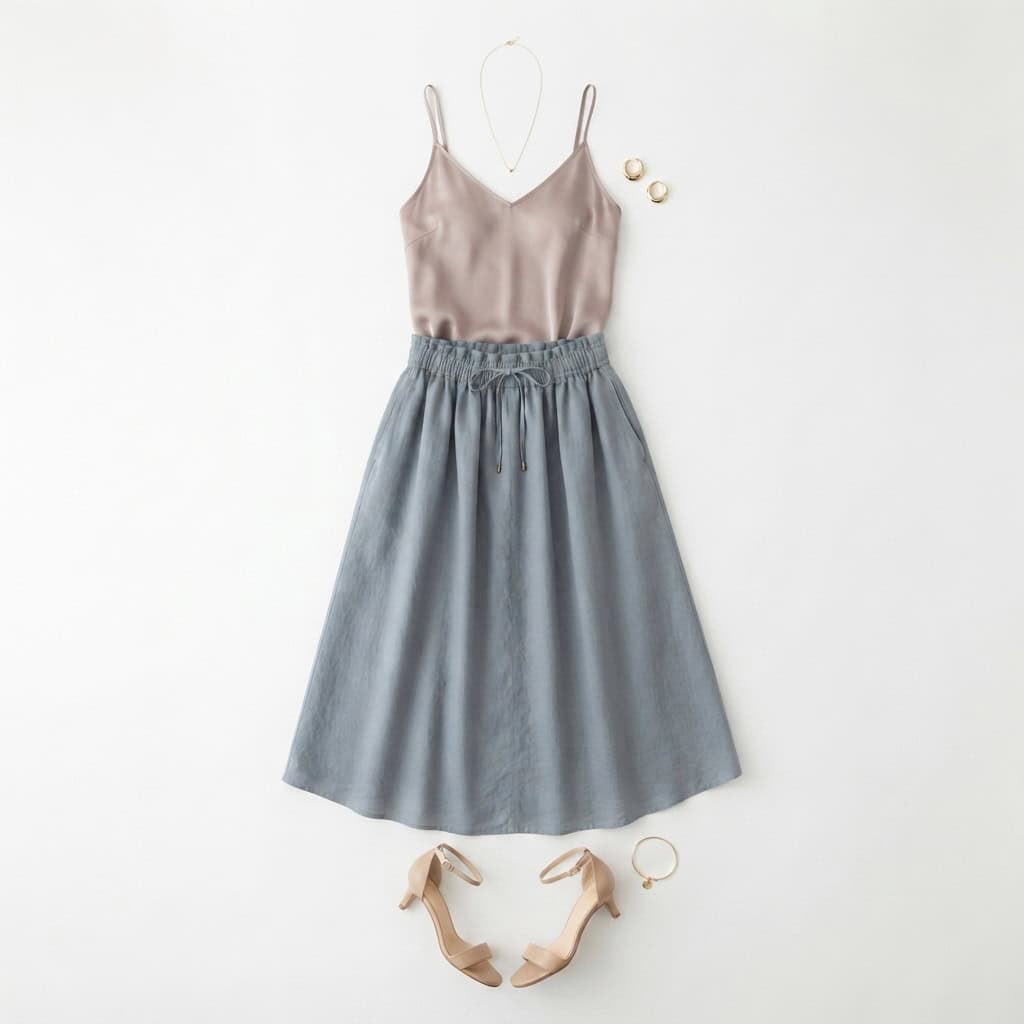 Outfit 5, midi, silk cami and heel, flat lay. Nursing-friendly outfit from 2 High-Rise Bottoms, 8 Nursing-Friendly Outfit Ideas.
