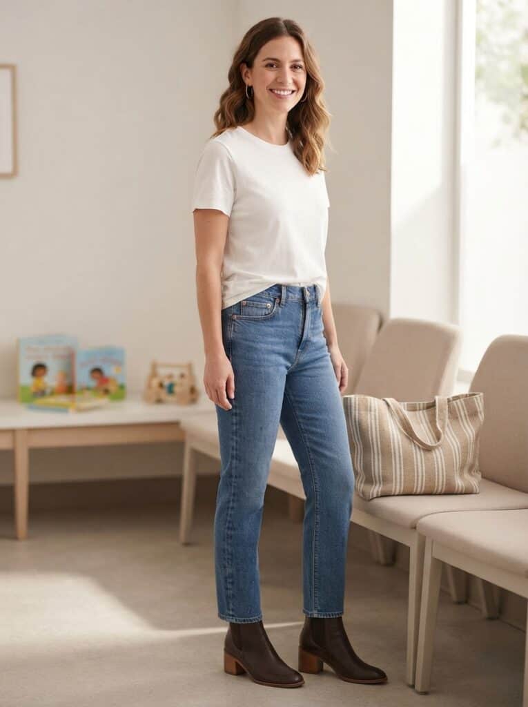 Outfit 1, jean, tucked tee and boot, worn. Nursing-friendly outfit from 2 High-Rise Bottoms, 8 Nursing-Friendly Outfit Ideas.