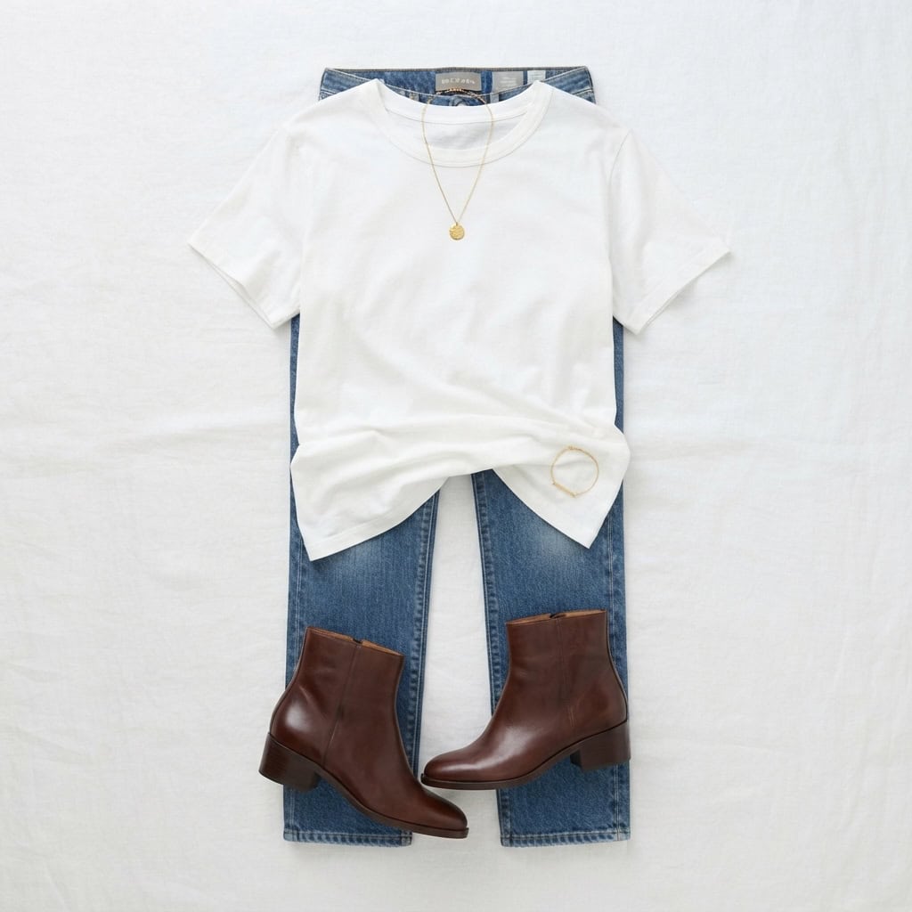 Outfit 1, jean, tucked tee and boot, flat lay. Nursing-friendly outfit from 2 High-Rise Bottoms, 8 Nursing-Friendly Outfit Ideas.