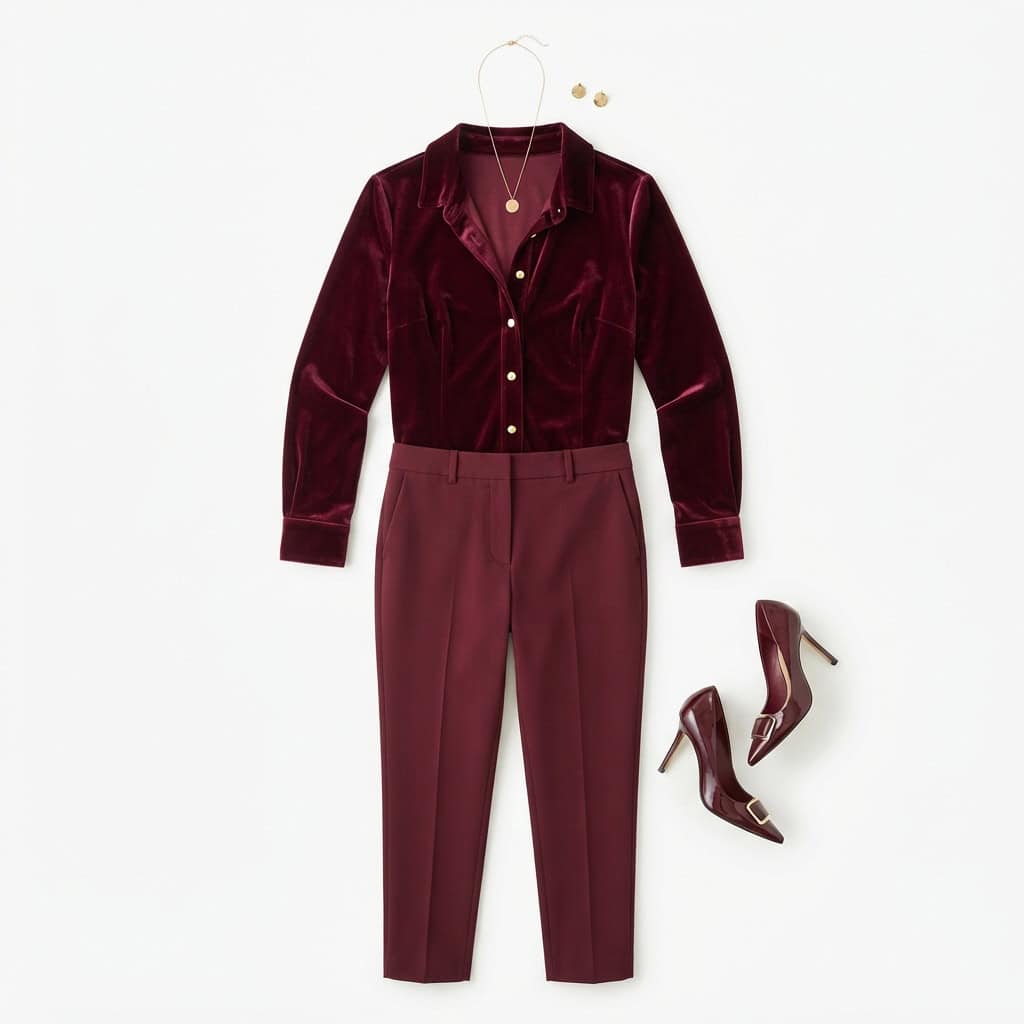 Outfit 4, burgundy velvet blouse and trouser, flat lay. Nursing-friendly outfit from Anniversary Dinner Palette: 3 Romantic Colors, 9 Postpartum Date-Night Outfits.