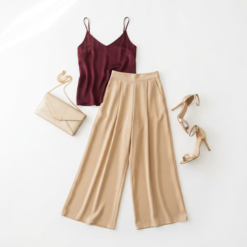 Outfit 6, burgundy cami and palazzo, flat lay. Nursing-friendly outfit from Anniversary Dinner Palette: 3 Romantic Colors, 9 Postpartum Date-Night Outfits.