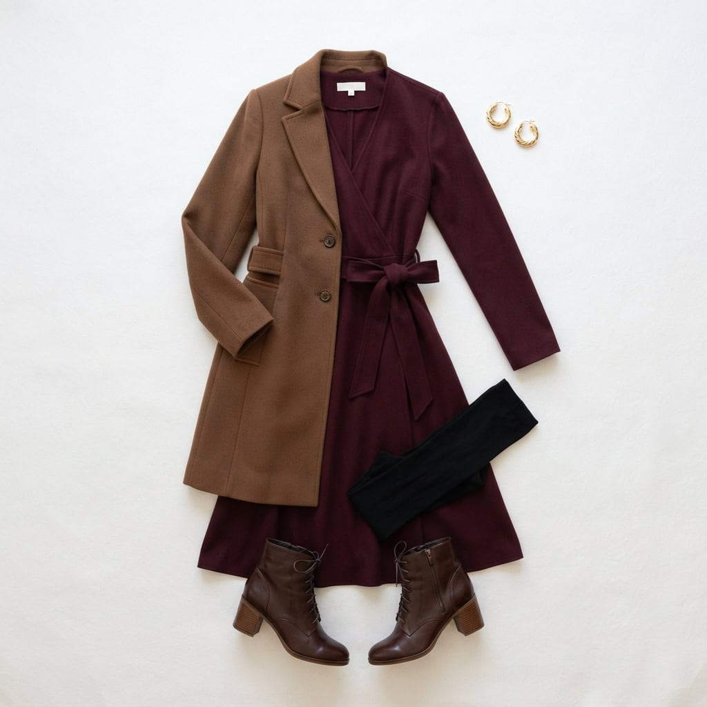 Outfit 5, burgundy midi and boot, flat lay. Nursing-friendly outfit from Anniversary Dinner Palette: 3 Romantic Colors, 9 Postpartum Date-Night Outfits.
