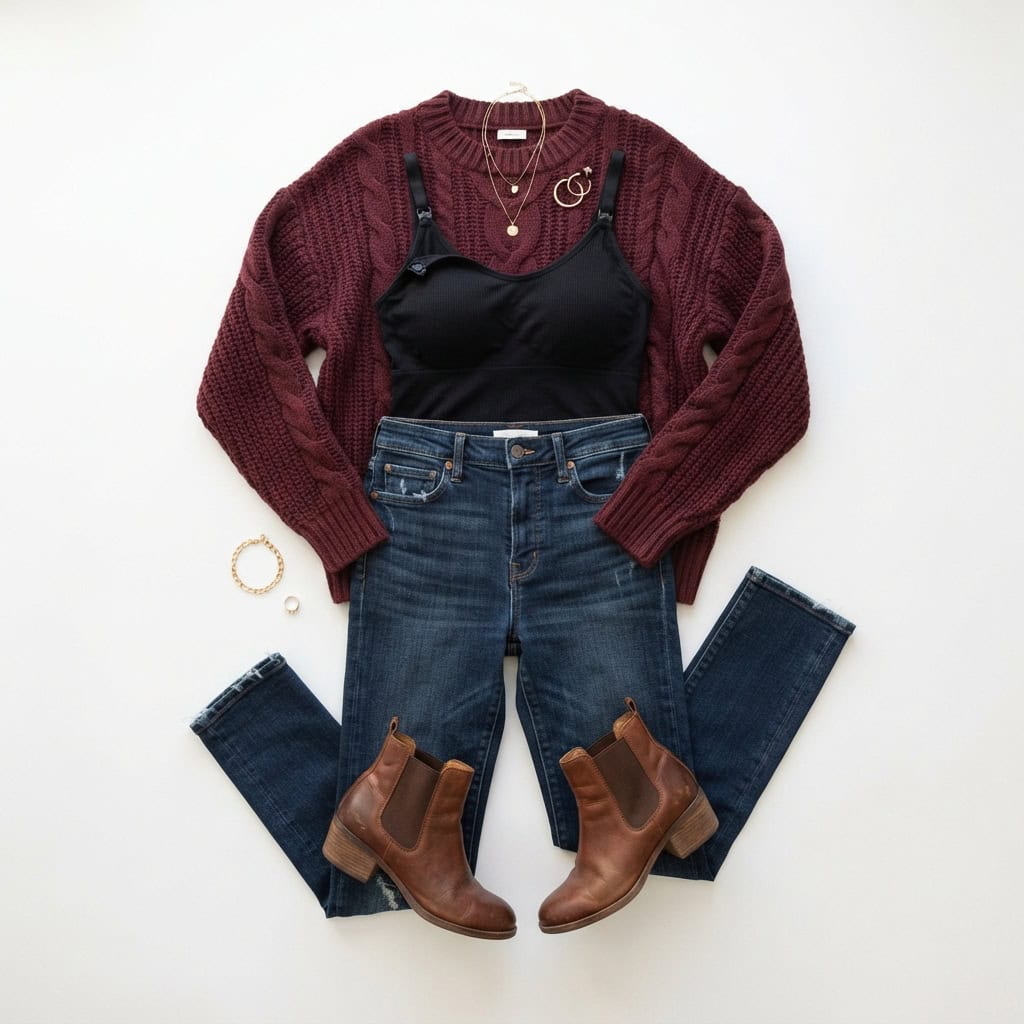 Outfit 1, burgundy chunky knit, nursing tank and jean, flat lay. Nursing-friendly outfit from Deep Fall: 4 Rich Colors, 12 Postpartum Outfits That Feel Like a Sweater.