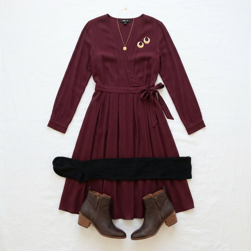 Outfit 2, burgundy midi wrap dress, tight and boot, flat lay. Nursing-friendly outfit from Deep Fall: 4 Rich Colors, 12 Postpartum Outfits That Feel Like a Sweater.