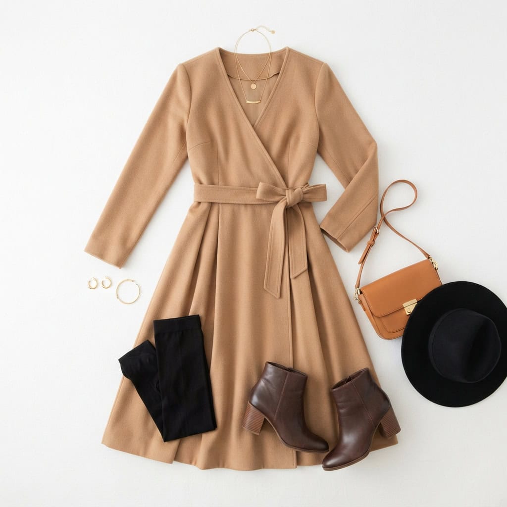 Outfit 12, camel midi wrap dress, tight and ankle boot, flat lay. Nursing-friendly outfit from Deep Fall: 4 Rich Colors, 12 Postpartum Outfits That Feel Like a Sweater.