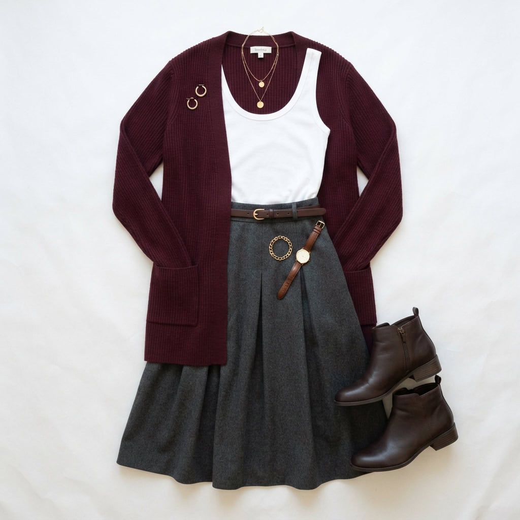 Outfit 3, burgundy long cardigan, tucked tank and midi skirt, flat lay. Nursing-friendly outfit from Deep Fall: 4 Rich Colors, 12 Postpartum Outfits That Feel Like a Sweater.