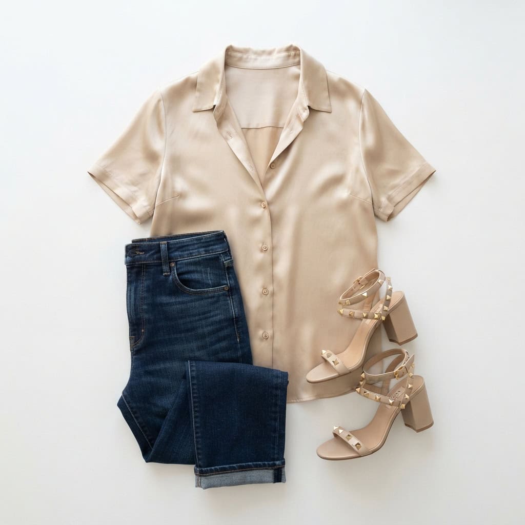 Outfit 8, champagne blouse and jean, flat lay. Nursing-friendly outfit from Anniversary Dinner Palette: 3 Romantic Colors, 9 Postpartum Date-Night Outfits.