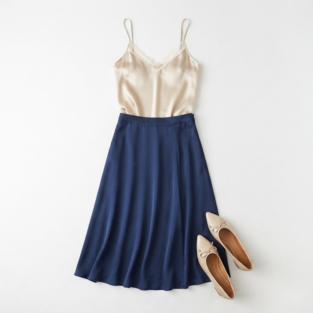 Outfit 9, champagne cami and skirt, flat lay. Nursing-friendly outfit from Anniversary Dinner Palette: 3 Romantic Colors, 9 Postpartum Date-Night Outfits.