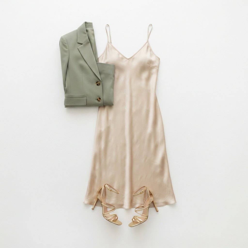 Outfit 7, champagne slip and heel, flat lay. Nursing-friendly outfit from Anniversary Dinner Palette: 3 Romantic Colors, 9 Postpartum Date-Night Outfits.