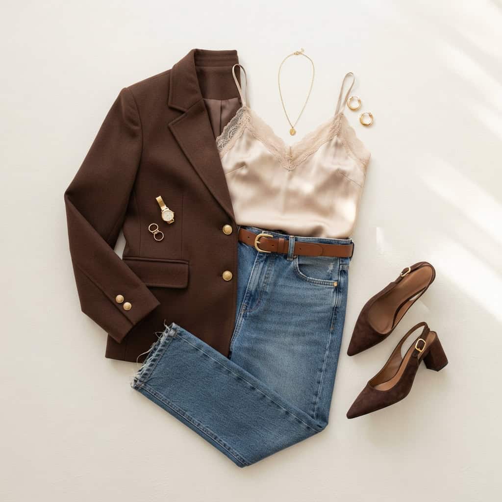 Outfit 9, chocolate blazer, silk cami and jean, flat lay. Nursing-friendly outfit from Deep Fall: 4 Rich Colors, 12 Postpartum Outfits That Feel Like a Sweater.
