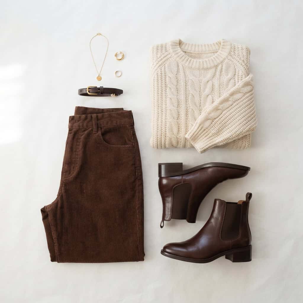 Outfit 7, chocolate corduroy trouser, cream knit and boot, flat lay. Nursing-friendly outfit from Deep Fall: 4 Rich Colors, 12 Postpartum Outfits That Feel Like a Sweater.