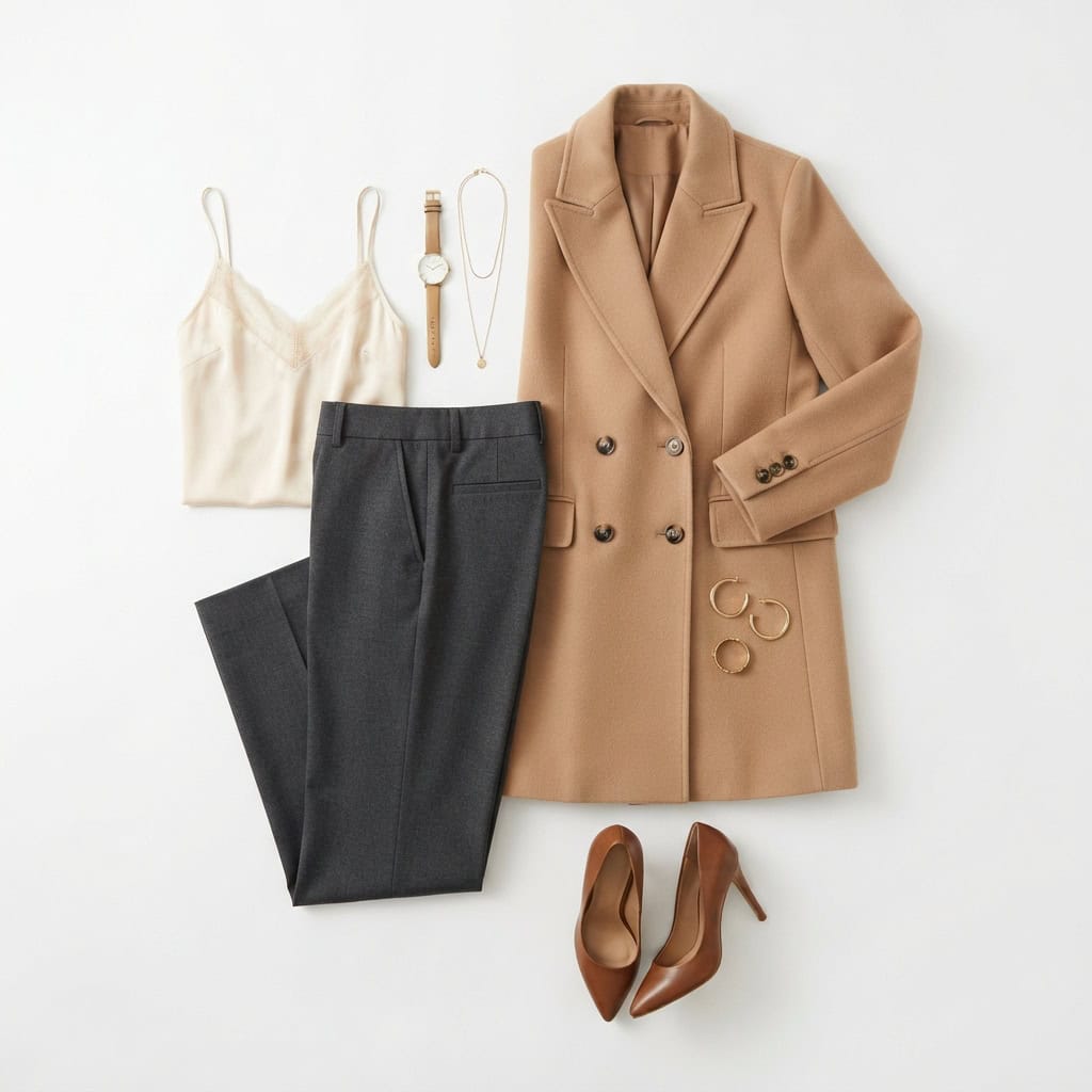 Outfit 10, camel wool coat, wool trouser and silk cami, flat lay. Nursing-friendly outfit from Deep Fall: 4 Rich Colors, 12 Postpartum Outfits That Feel Like a Sweater.