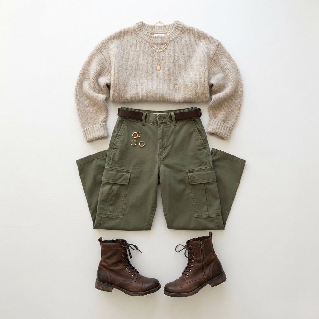 Outfit 5, olive cargo pant, soft knit and boot, flat lay. Nursing-friendly outfit from Deep Fall: 4 Rich Colors, 12 Postpartum Outfits That Feel Like a Sweater.