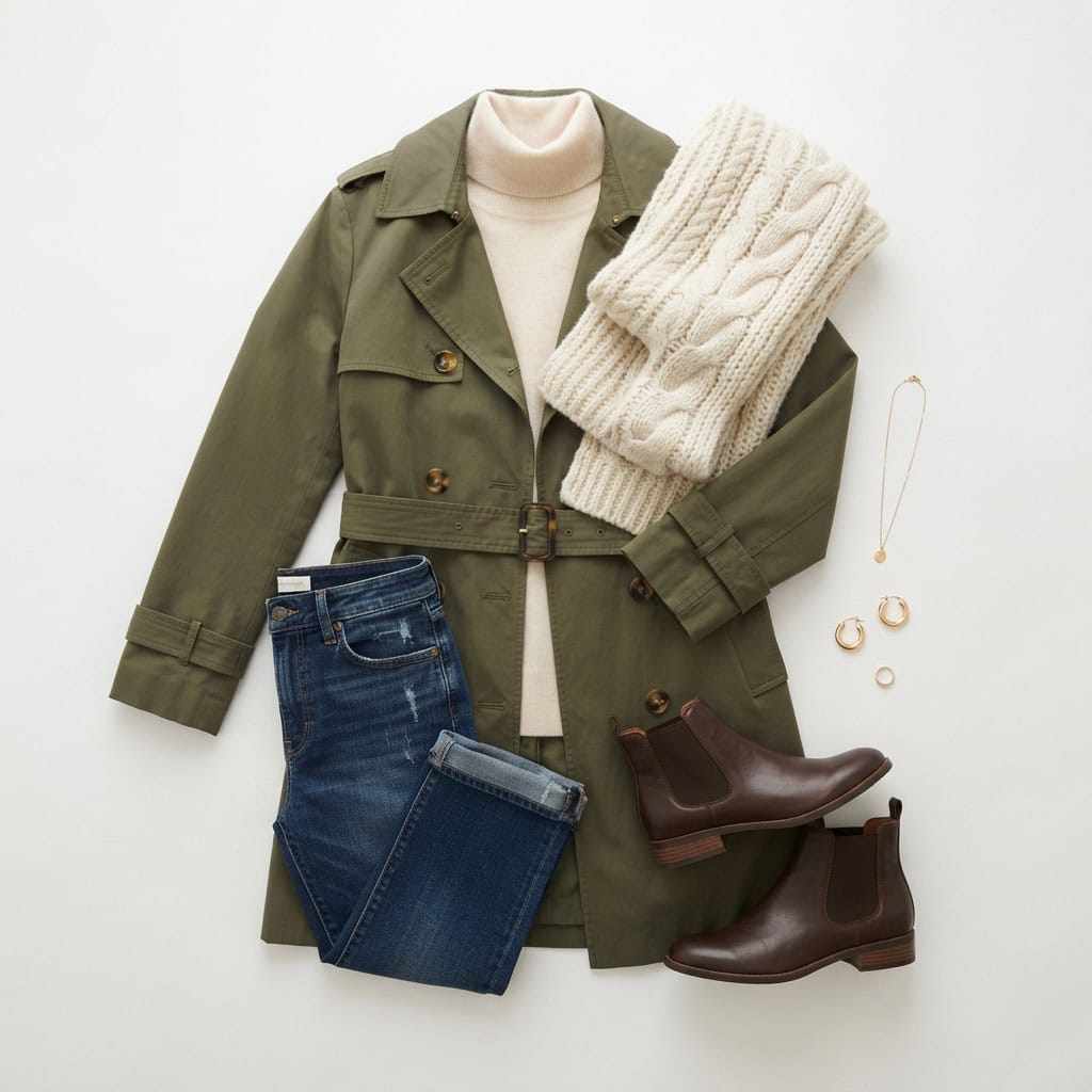 Outfit 4, olive trench, turtleneck and jean, flat lay. Nursing-friendly outfit from Deep Fall: 4 Rich Colors, 12 Postpartum Outfits That Feel Like a Sweater.